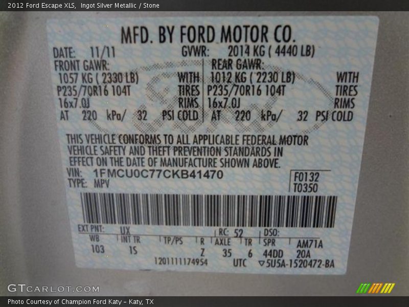 Ingot Silver Metallic / Stone 2012 Ford Escape XLS