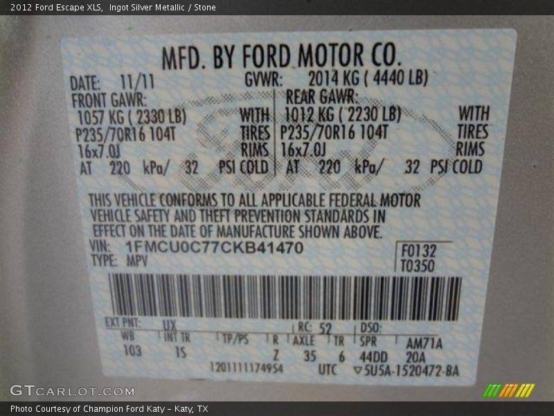 Ingot Silver Metallic / Stone 2012 Ford Escape XLS
