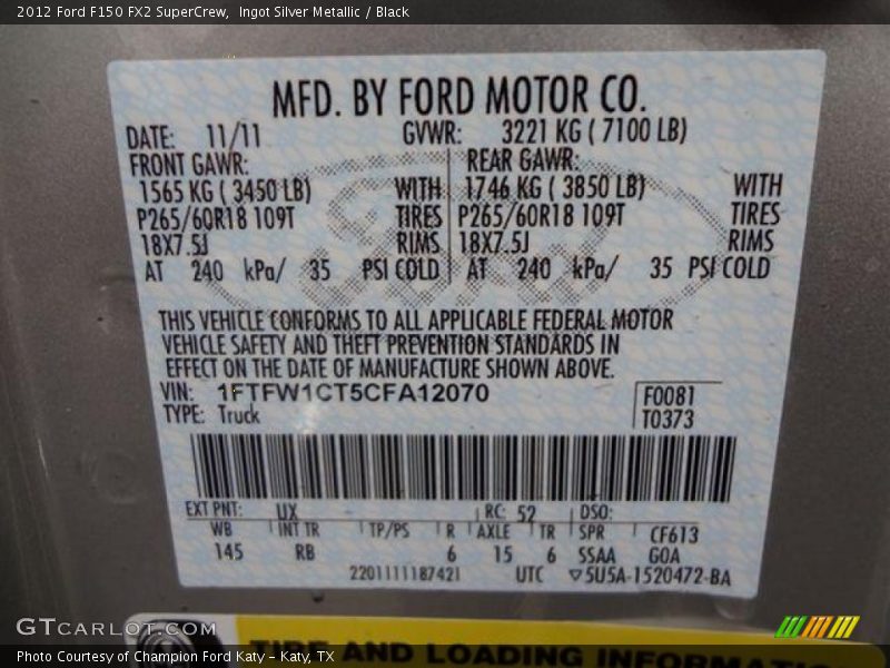 2012 F150 FX2 SuperCrew Ingot Silver Metallic Color Code UX
