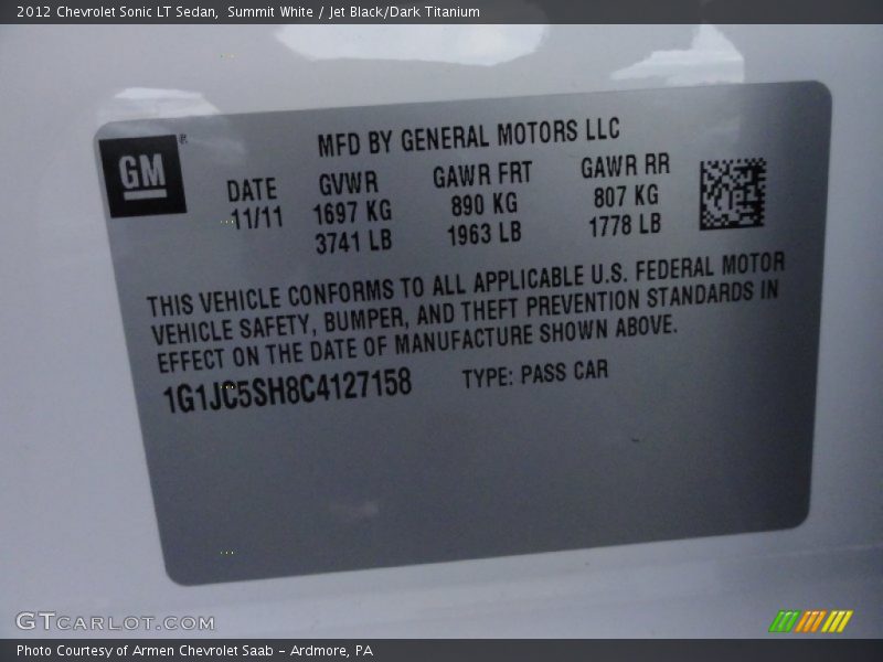 Summit White / Jet Black/Dark Titanium 2012 Chevrolet Sonic LT Sedan