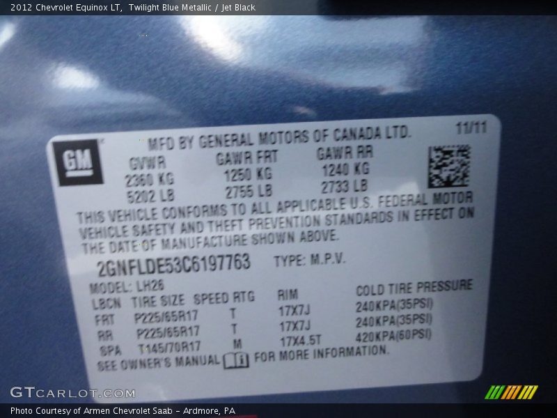 Twilight Blue Metallic / Jet Black 2012 Chevrolet Equinox LT