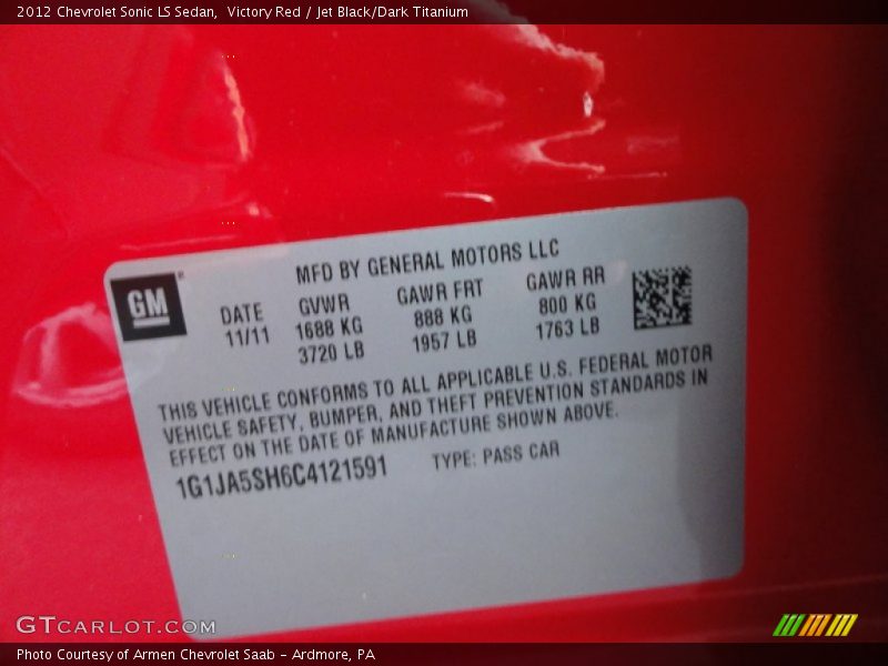 Victory Red / Jet Black/Dark Titanium 2012 Chevrolet Sonic LS Sedan