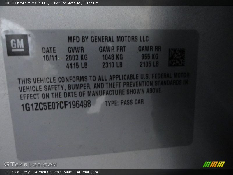 Silver Ice Metallic / Titanium 2012 Chevrolet Malibu LT