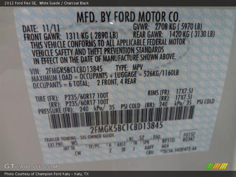 White Suede / Charcoal Black 2012 Ford Flex SE