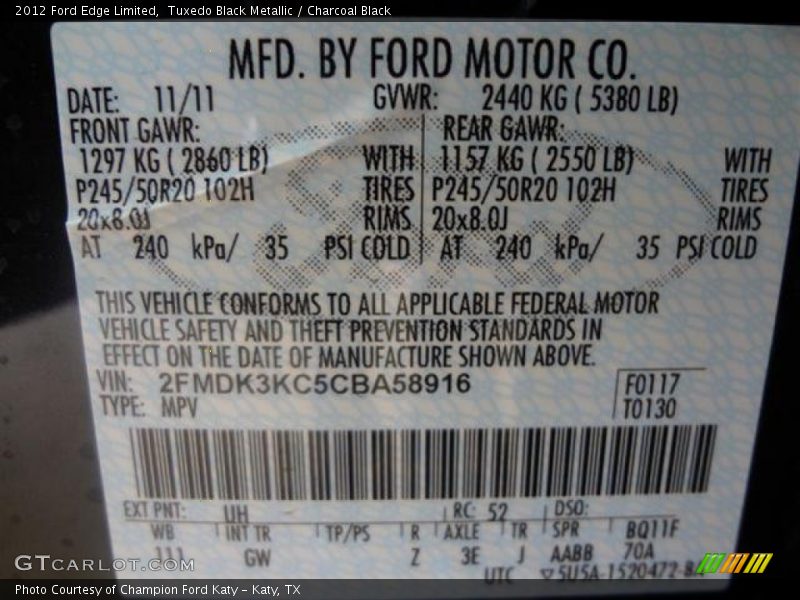 Tuxedo Black Metallic / Charcoal Black 2012 Ford Edge Limited