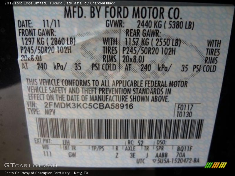 2012 Edge Limited Tuxedo Black Metallic Color Code UH