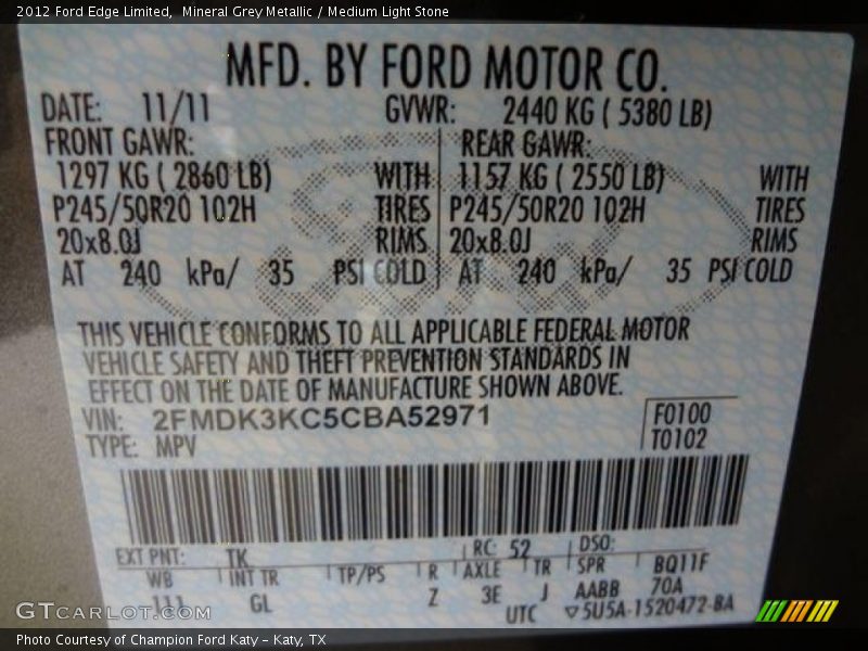 Mineral Grey Metallic / Medium Light Stone 2012 Ford Edge Limited