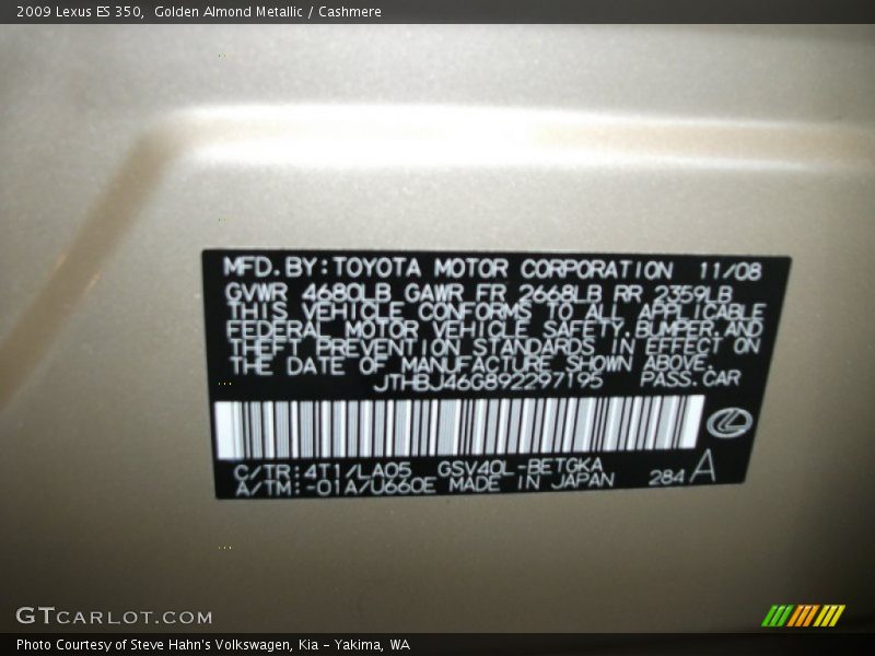 2009 ES 350 Golden Almond Metallic Color Code 4T1