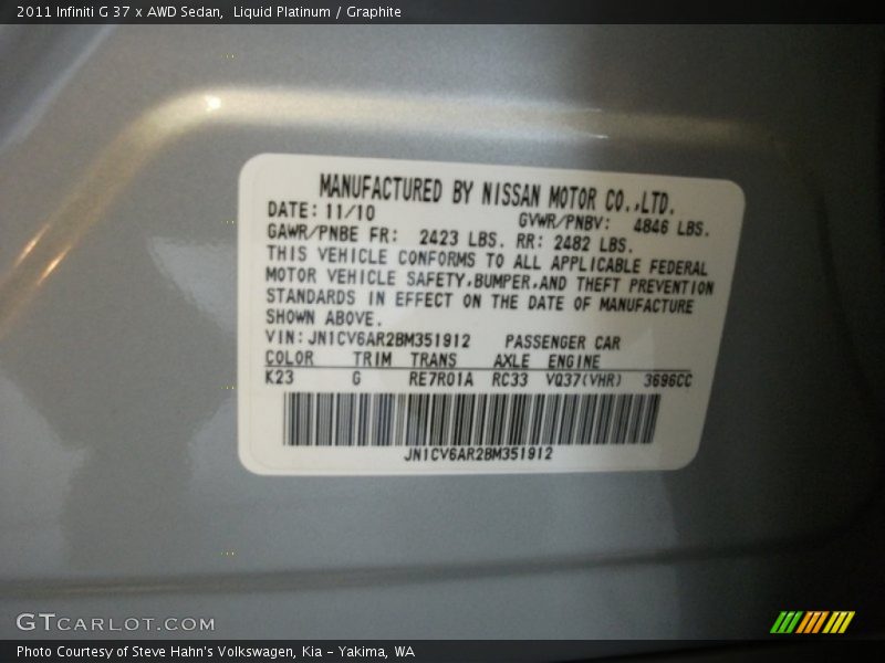 2011 G 37 x AWD Sedan Liquid Platinum Color Code K23