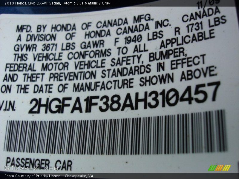 Atomic Blue Metallic / Gray 2010 Honda Civic DX-VP Sedan