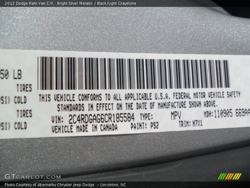 2012 Ram Van C/V Bright Silver Metallic Color Code PS2