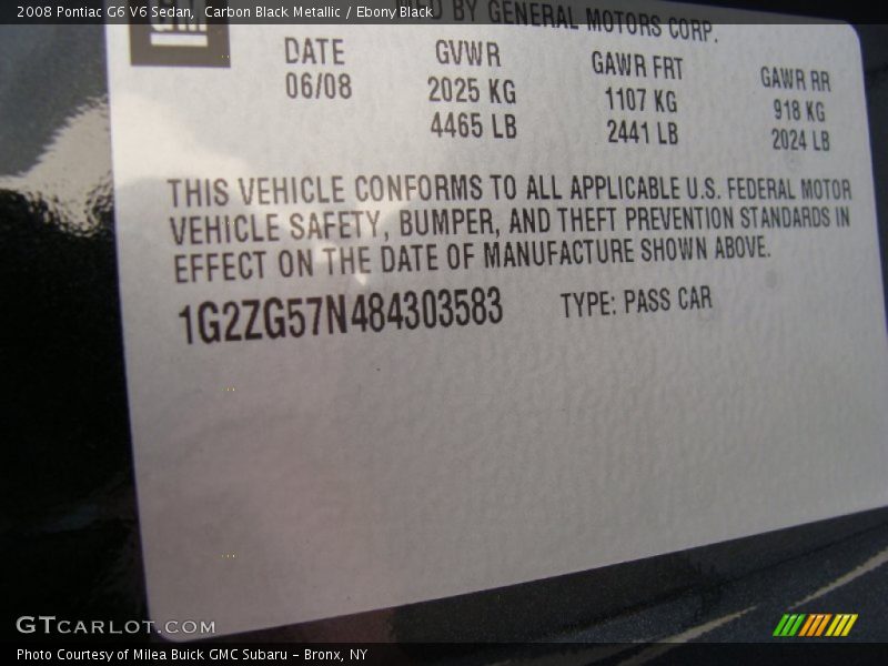 Carbon Black Metallic / Ebony Black 2008 Pontiac G6 V6 Sedan