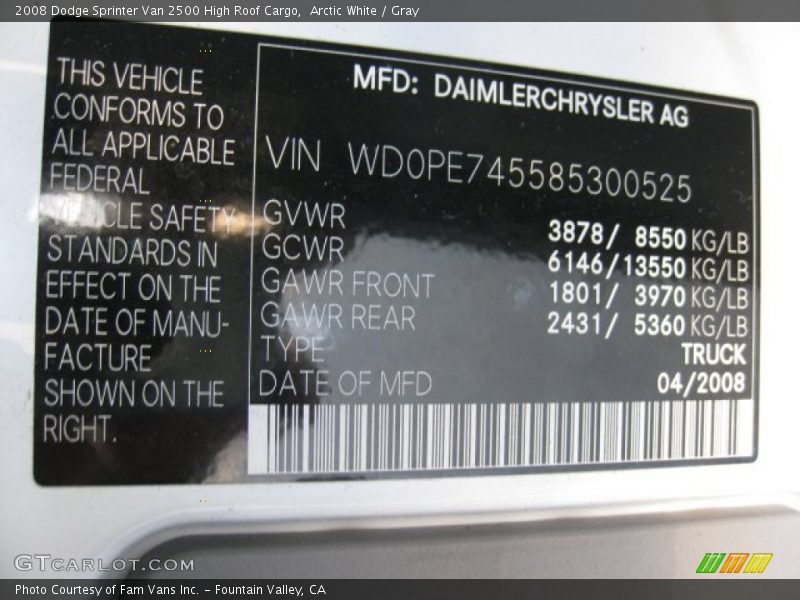 Info Tag of 2008 Sprinter Van 2500 High Roof Cargo
