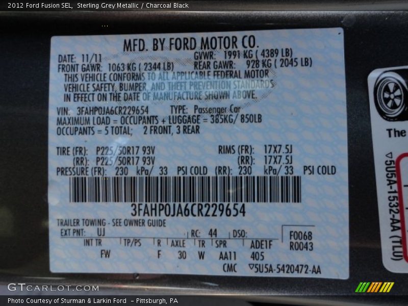 Sterling Grey Metallic / Charcoal Black 2012 Ford Fusion SEL
