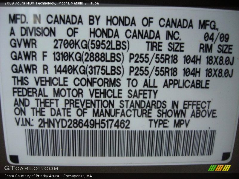 Mocha Metallic / Taupe 2009 Acura MDX Technology