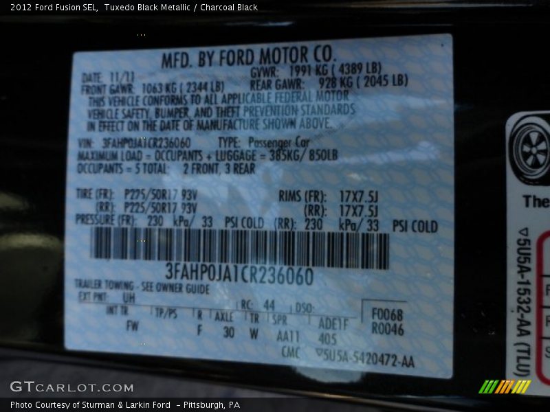 Tuxedo Black Metallic / Charcoal Black 2012 Ford Fusion SEL