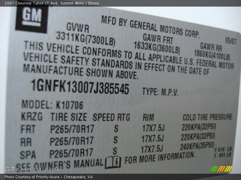 Summit White / Ebony 2007 Chevrolet Tahoe LT 4x4