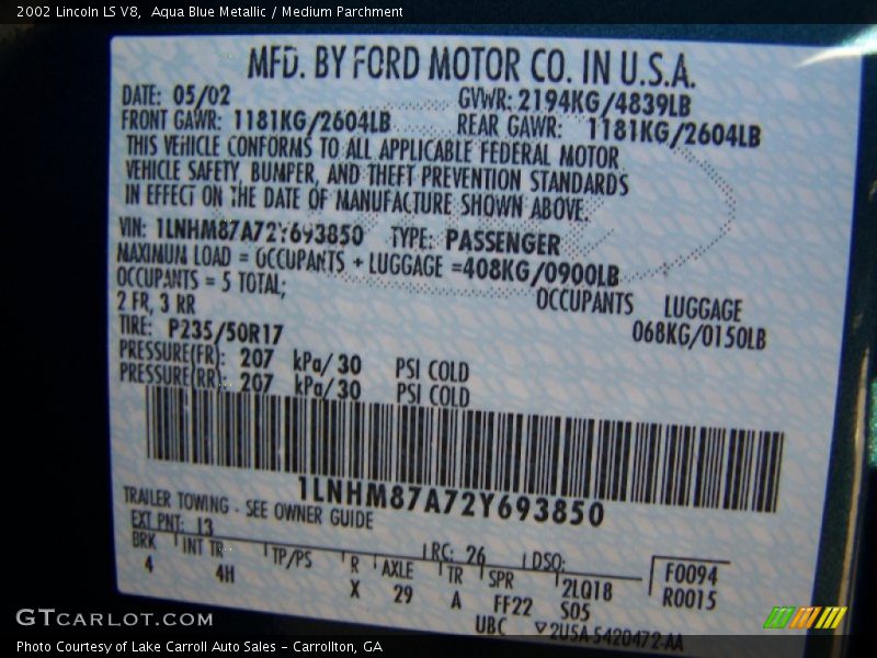 2002 LS V8 Aqua Blue Metallic Color Code L3