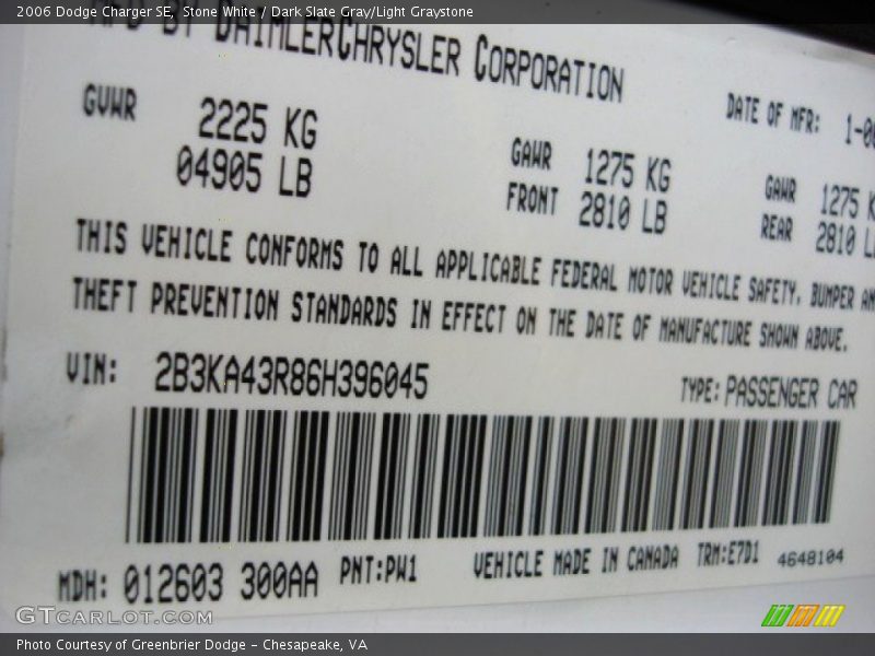 Stone White / Dark Slate Gray/Light Graystone 2006 Dodge Charger SE