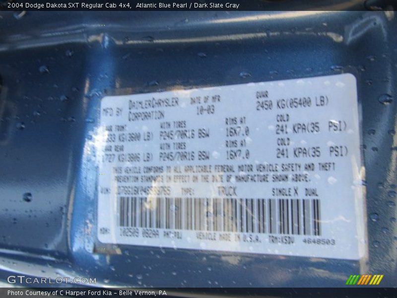 Atlantic Blue Pearl / Dark Slate Gray 2004 Dodge Dakota SXT Regular Cab 4x4