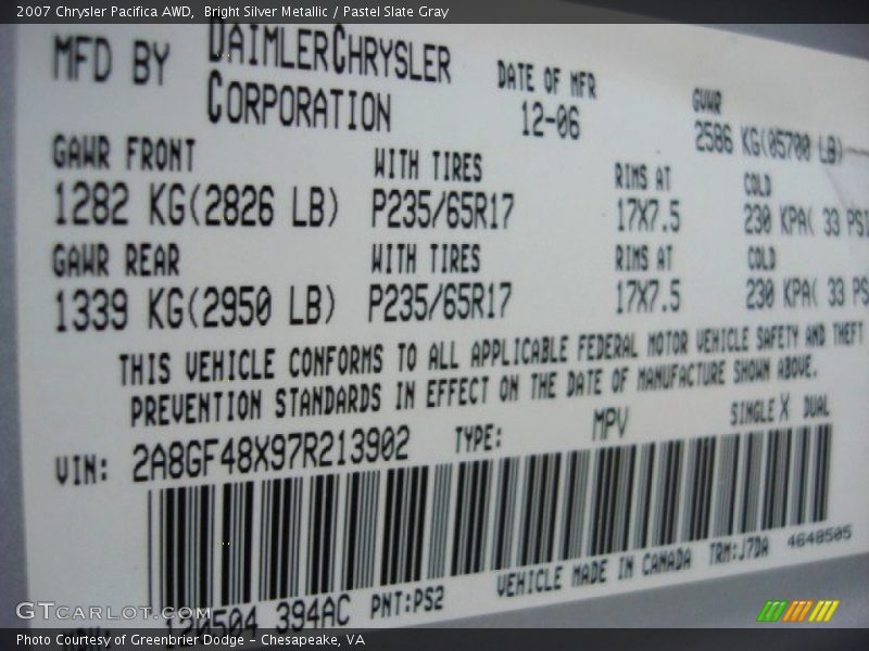 Bright Silver Metallic / Pastel Slate Gray 2007 Chrysler Pacifica AWD