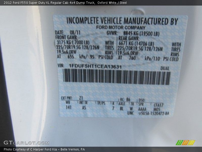 2012 F550 Super Duty XL Regular Cab 4x4 Dump Truck Oxford White Color Code Z1