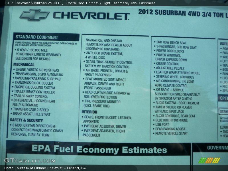  2012 Suburban 2500 LT Window Sticker