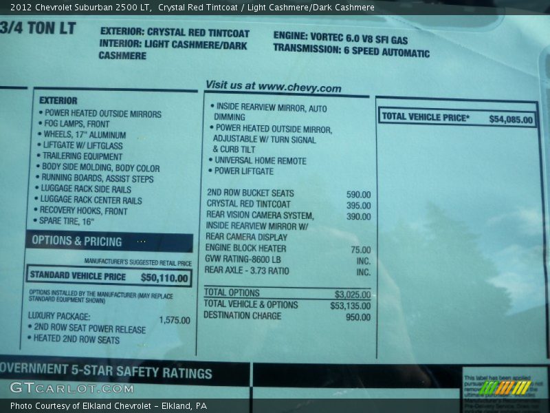  2012 Suburban 2500 LT Window Sticker