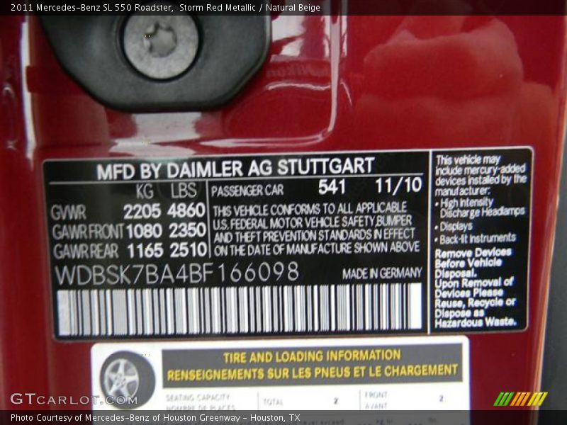 2011 SL 550 Roadster Storm Red Metallic Color Code 541