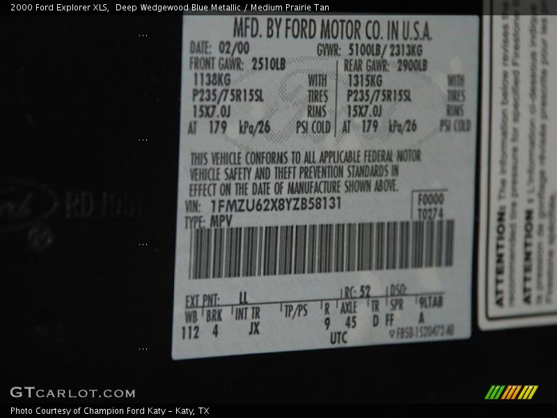 2000 Explorer XLS Deep Wedgewood Blue Metallic Color Code LL