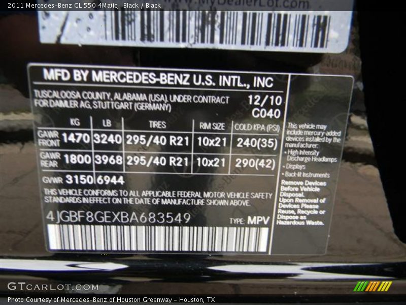 Black / Black 2011 Mercedes-Benz GL 550 4Matic