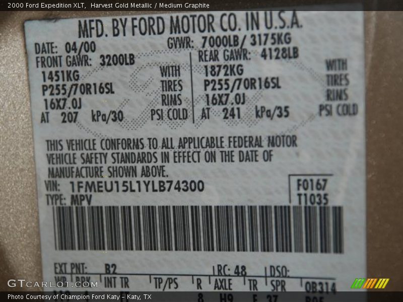 2000 Expedition XLT Harvest Gold Metallic Color Code B2