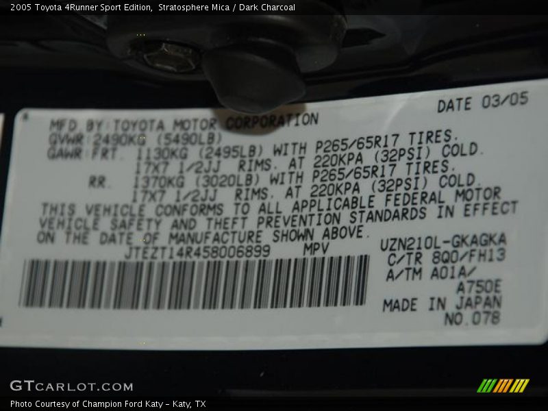 2005 4Runner Sport Edition Stratosphere Mica Color Code 8Q0