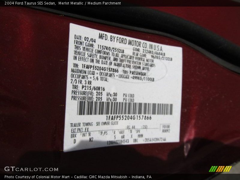 2004 Taurus SES Sedan Merlot Metallic Color Code FX