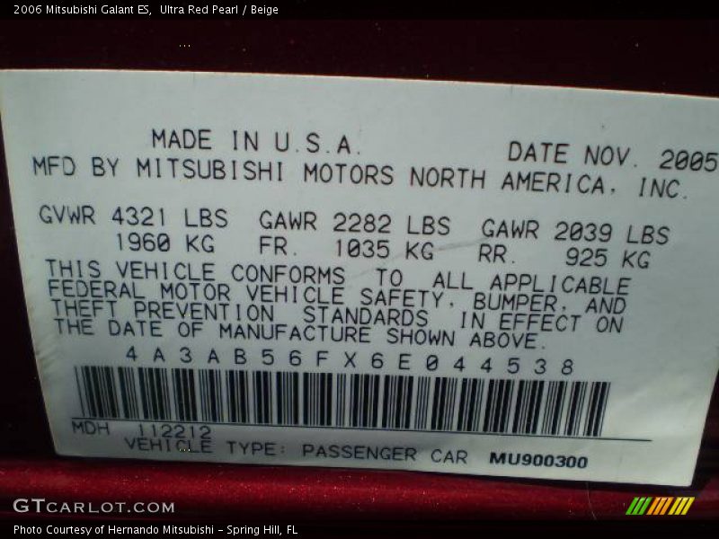 Ultra Red Pearl / Beige 2006 Mitsubishi Galant ES