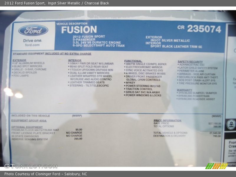  2012 Fusion Sport Window Sticker