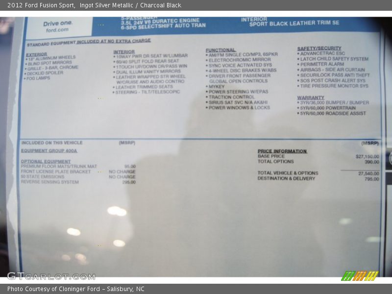 2012 Fusion Sport Window Sticker