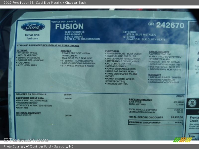 Steel Blue Metallic / Charcoal Black 2012 Ford Fusion SE