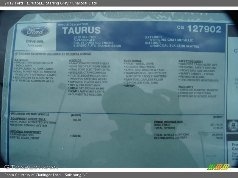 Sterling Grey / Charcoal Black 2012 Ford Taurus SEL