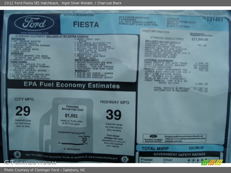  2012 Fiesta SES Hatchback Window Sticker