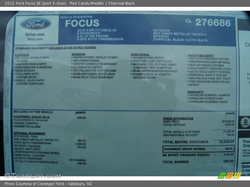  2012 Focus SE Sport 5-Door Window Sticker