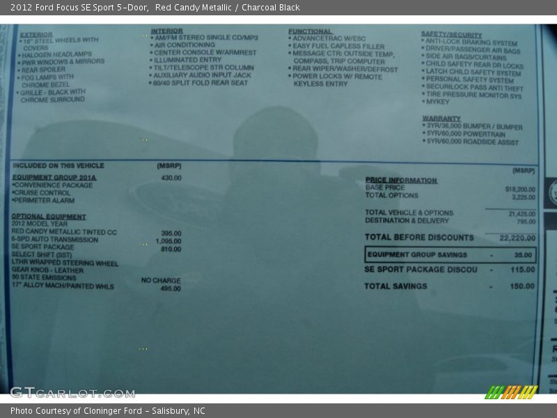  2012 Focus SE Sport 5-Door Window Sticker