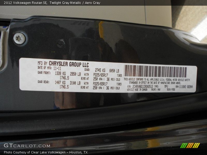 2012 Routan SE Twilight Gray Metallic Color Code PAV