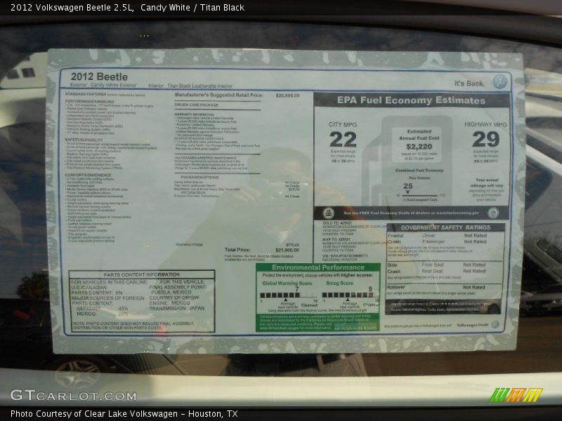  2012 Beetle 2.5L Window Sticker