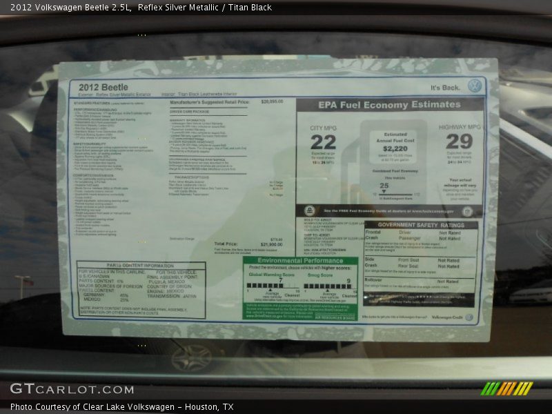  2012 Beetle 2.5L Window Sticker