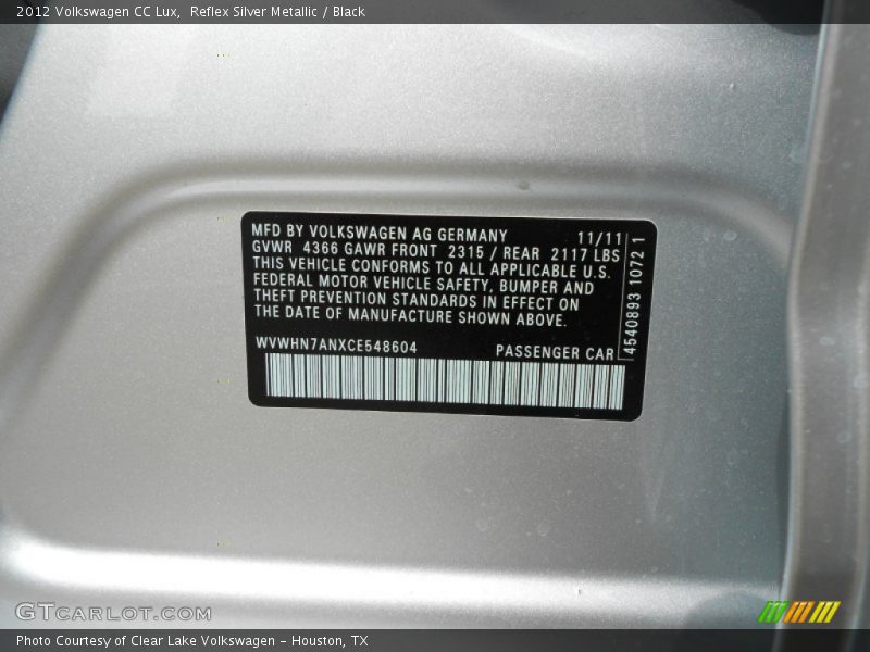 Info Tag of 2012 CC Lux