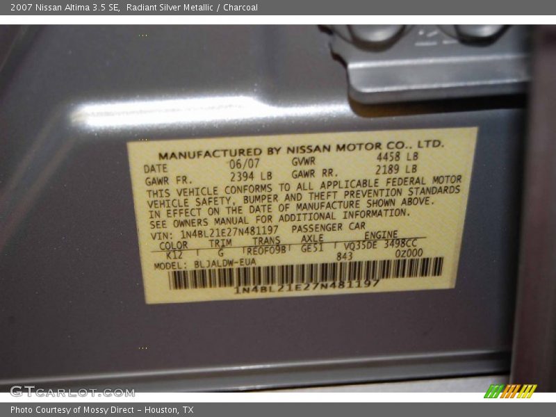 Radiant Silver Metallic / Charcoal 2007 Nissan Altima 3.5 SE