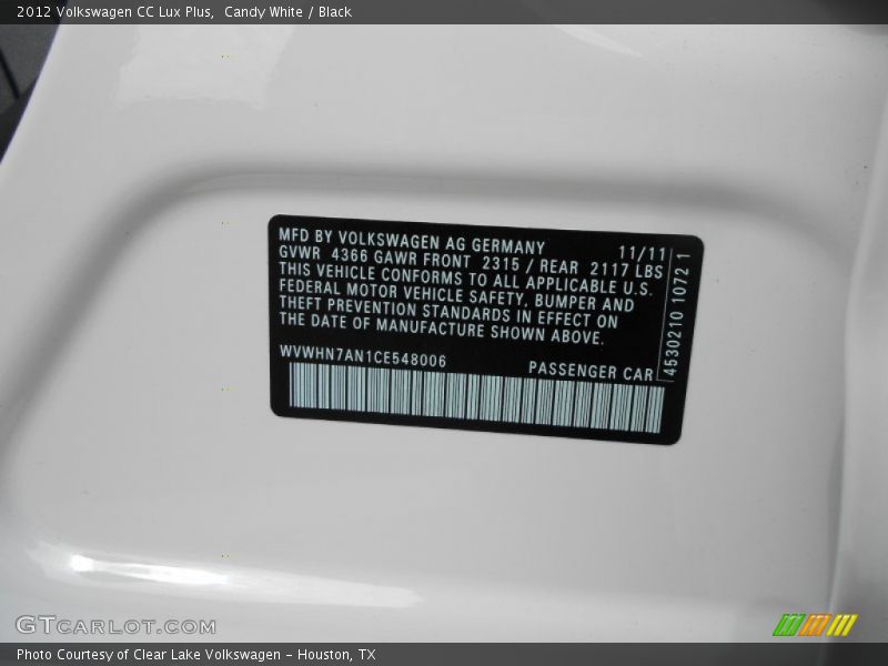 Candy White / Black 2012 Volkswagen CC Lux Plus
