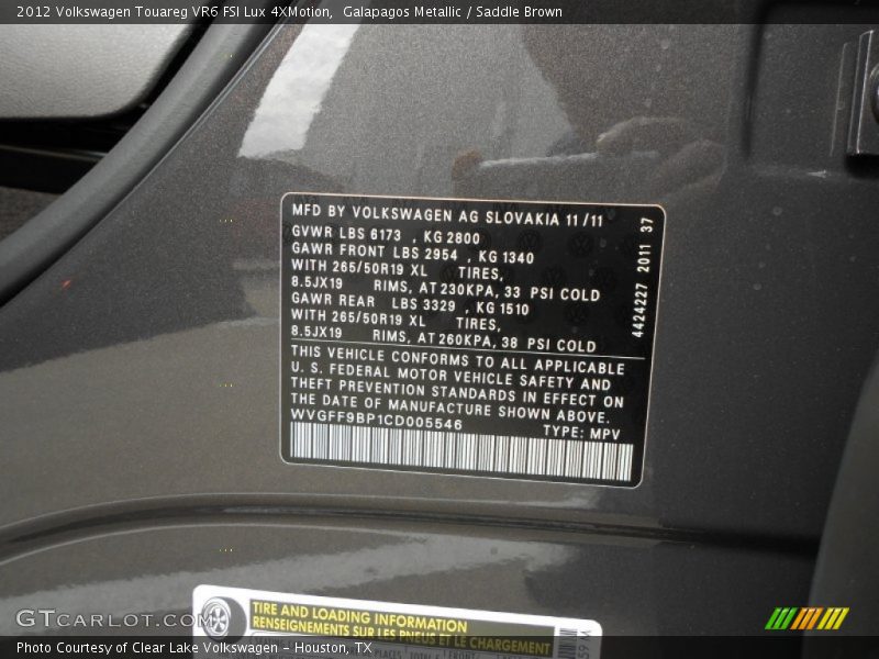 Galapagos Metallic / Saddle Brown 2012 Volkswagen Touareg VR6 FSI Lux 4XMotion