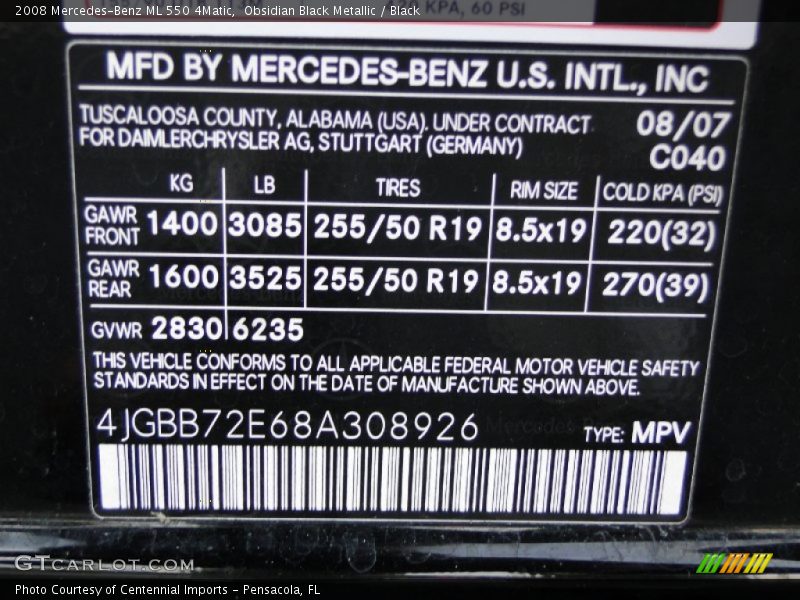 Obsidian Black Metallic / Black 2008 Mercedes-Benz ML 550 4Matic